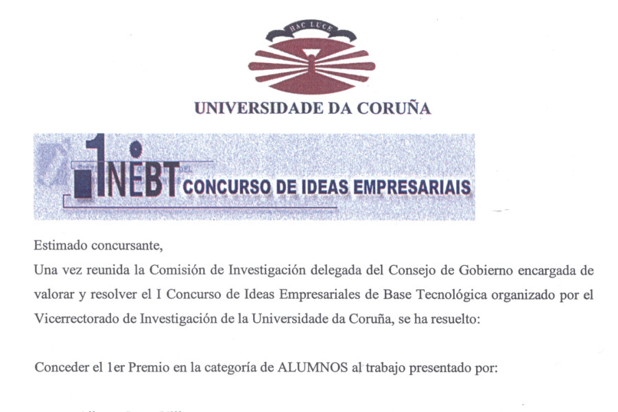 Award letter, first prize of the business ideas contest